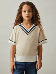 Reiss | 4-9 yrs Cotton-Linen Knit V-Neck Cricket Top in Neutral