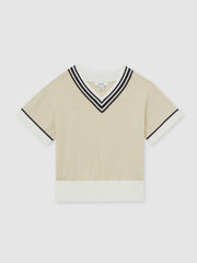Reiss | 13-14 yrs Cotton-Linen Knit V-Neck Cricket Top in Neutral