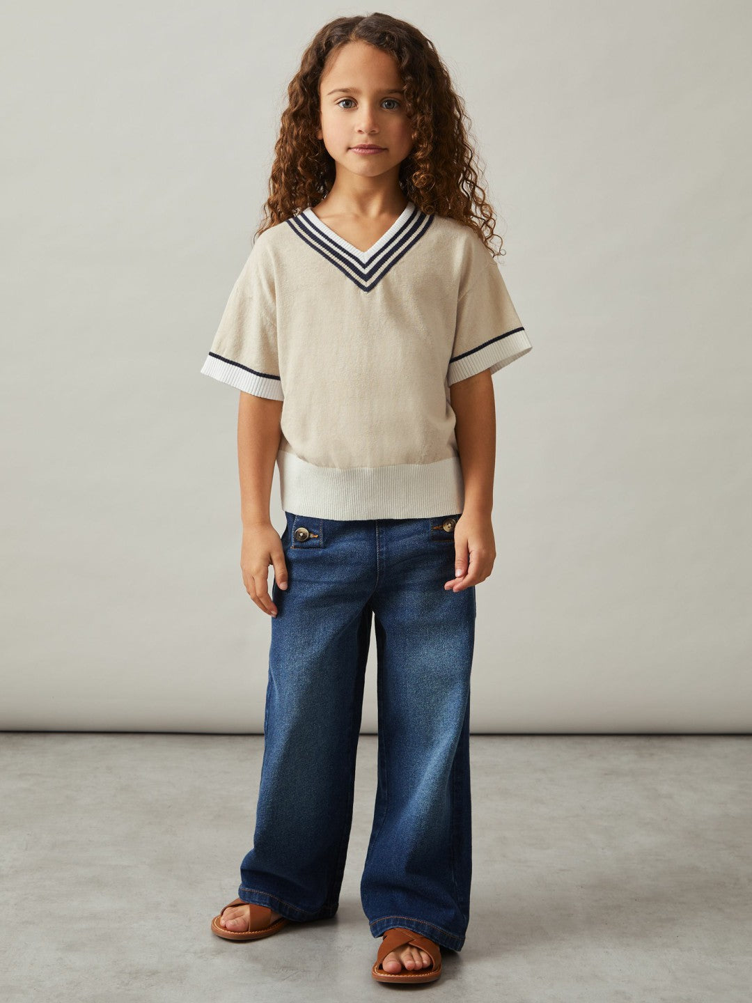 Reiss | 9-13 yrs Cotton-Linen Knit V-Neck Cricket Top in Neutral