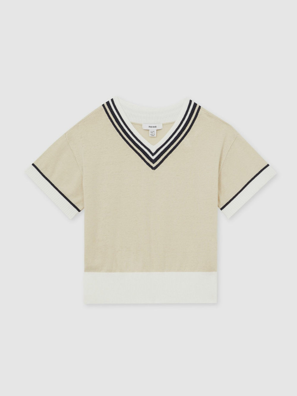 Reiss | 9-13 yrs Cotton-Linen Knit V-Neck Cricket Top in Neutral