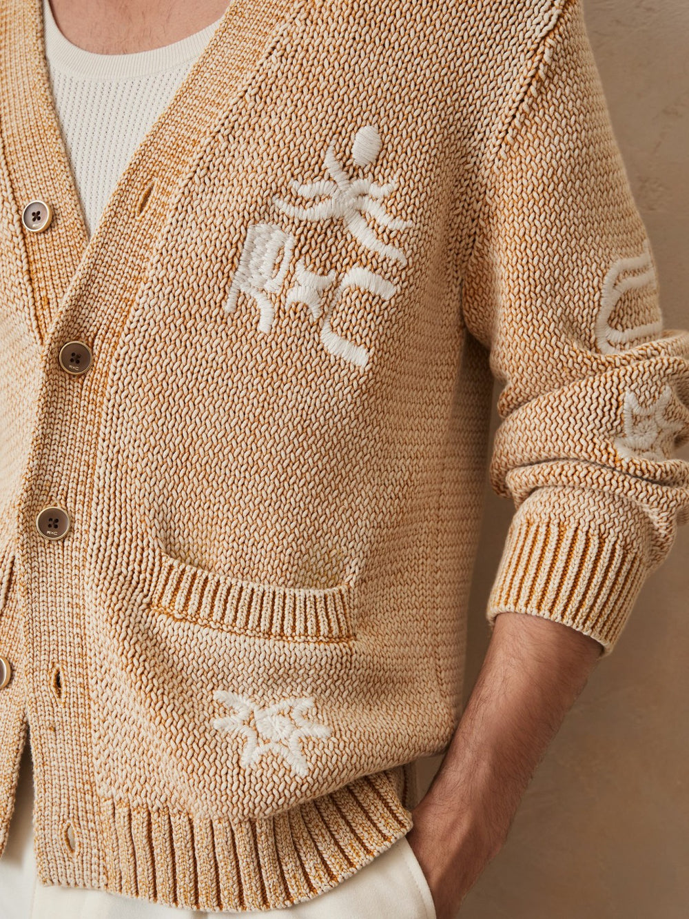 Reiss | | Ché Motif-Embroidered Cardigan in Camel