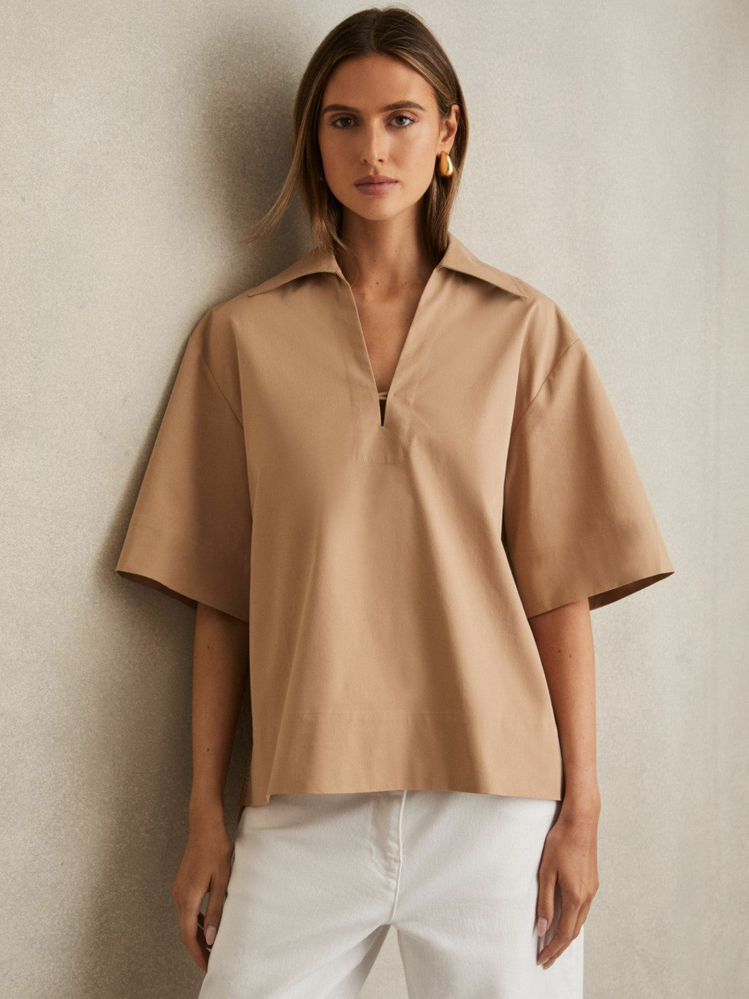Reiss | Cotton Blend Craft Stitch Collared Top in Camel