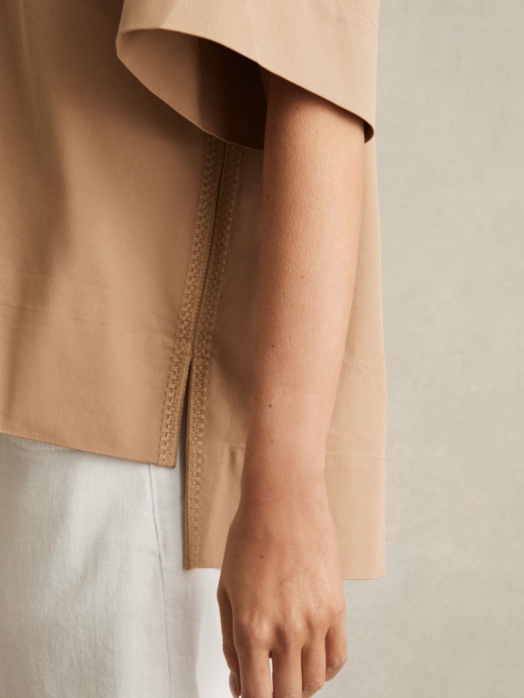 Reiss | Cotton Blend Craft Stitch Collared Top in Camel