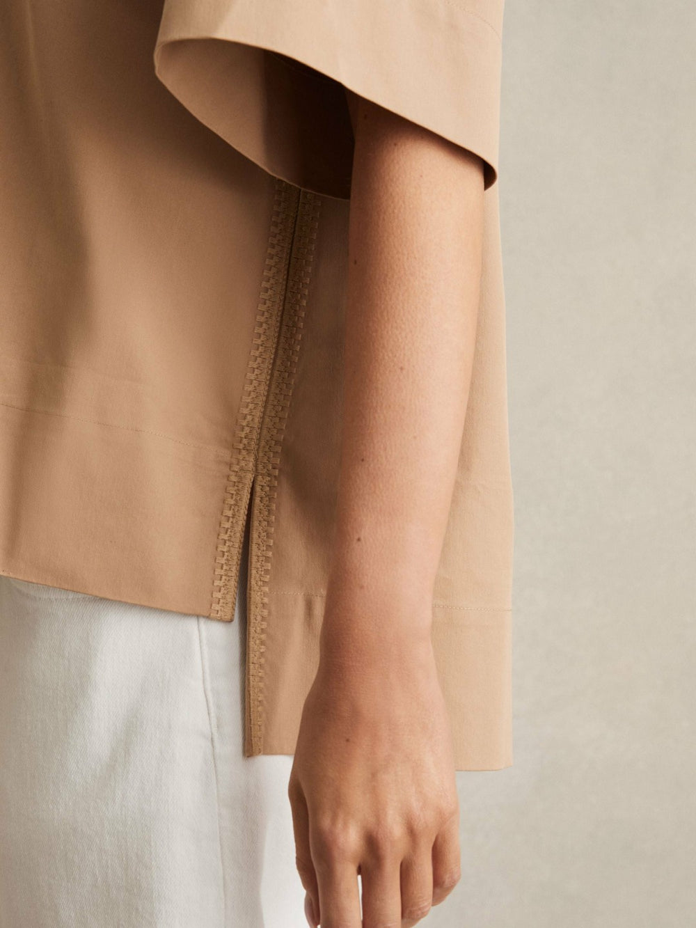 Reiss | Cotton Blend Craft Stitch Collared Top in Camel