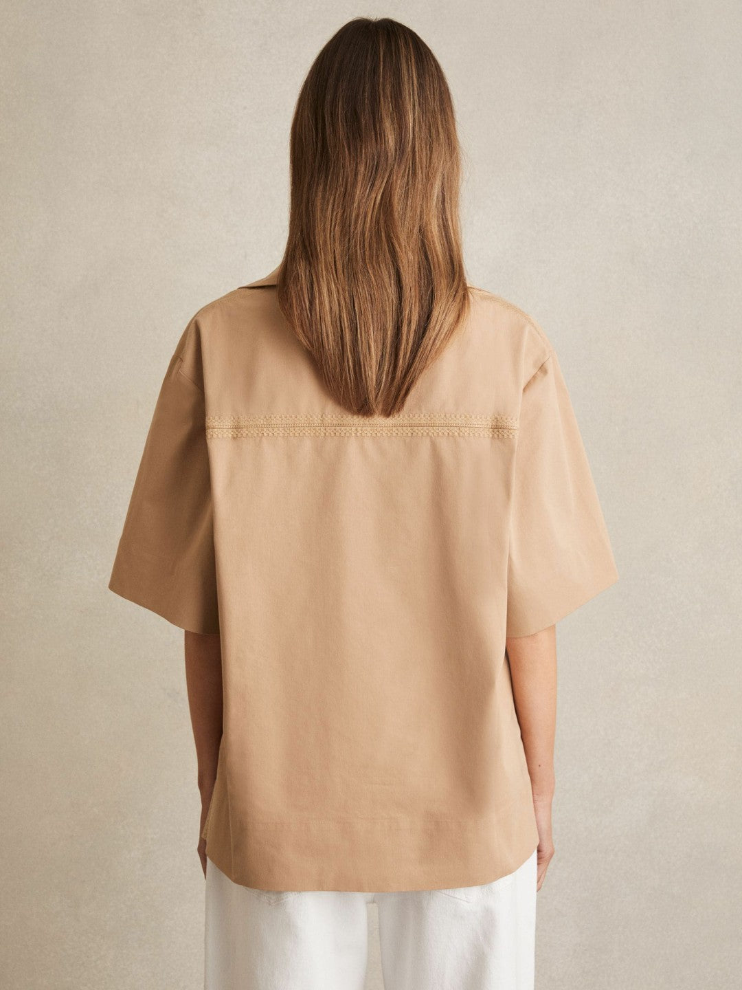 Reiss | Cotton Blend Craft Stitch Collared Top in Camel