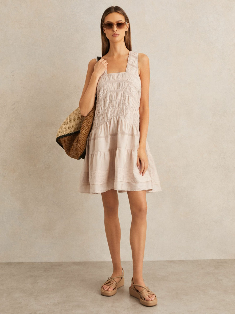 Reiss | Shirred Ruffle Hem Mini Dress in Neutral