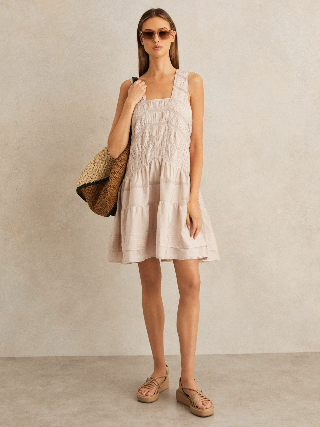 Reiss | Shirred Ruffle Hem Mini Dress in Neutral