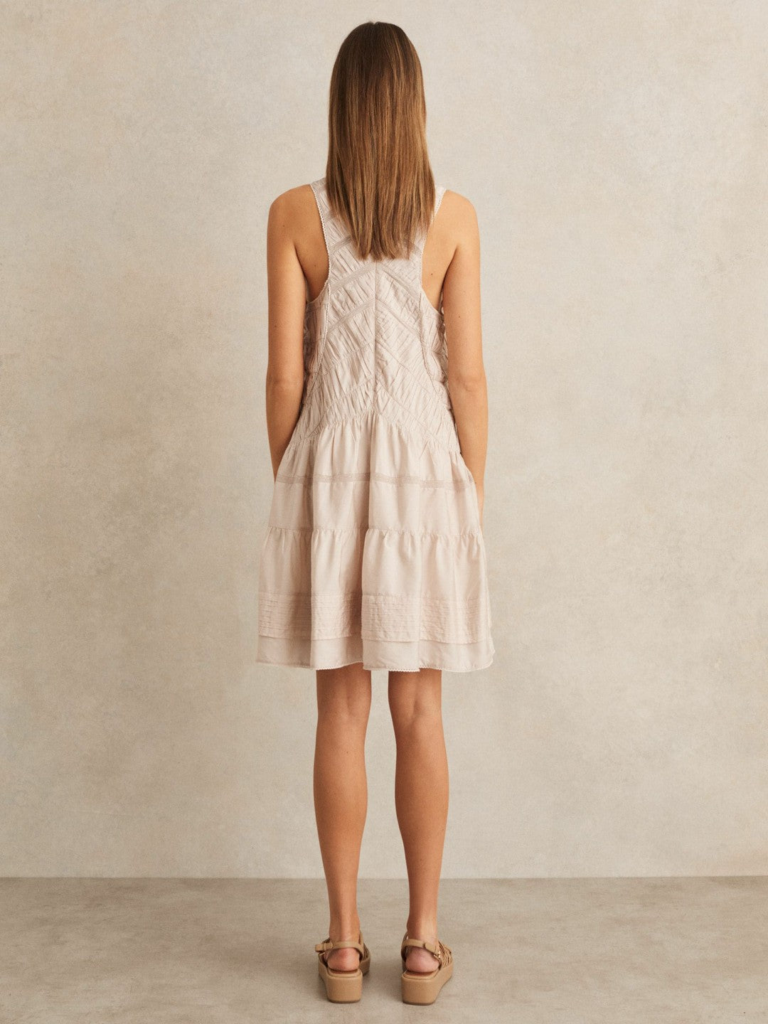Reiss | Shirred Ruffle Hem Mini Dress in Neutral