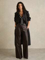 Reiss | Petite Leather Wide Leg Trousers in Chocolate