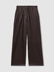 Reiss | Petite Leather Wide Leg Trousers in Chocolate