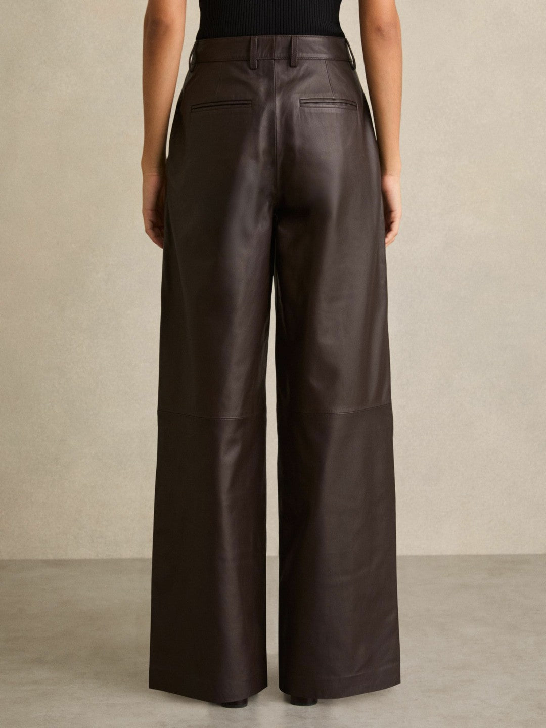 Reiss | Petite Leather Wide Leg Trousers in Chocolate