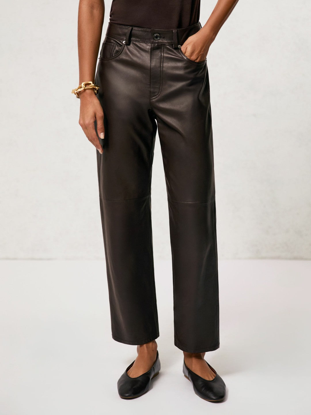 Reiss | Petite Leather Slim-Leg Trousers in Chocolate