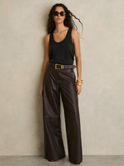 Reiss | Leather Wide Leg Trousers in Chocolate