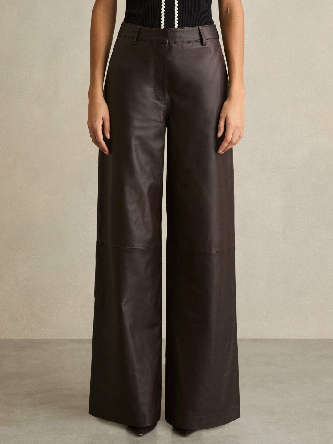 Reiss | Leather Wide Leg Trousers in Chocolate