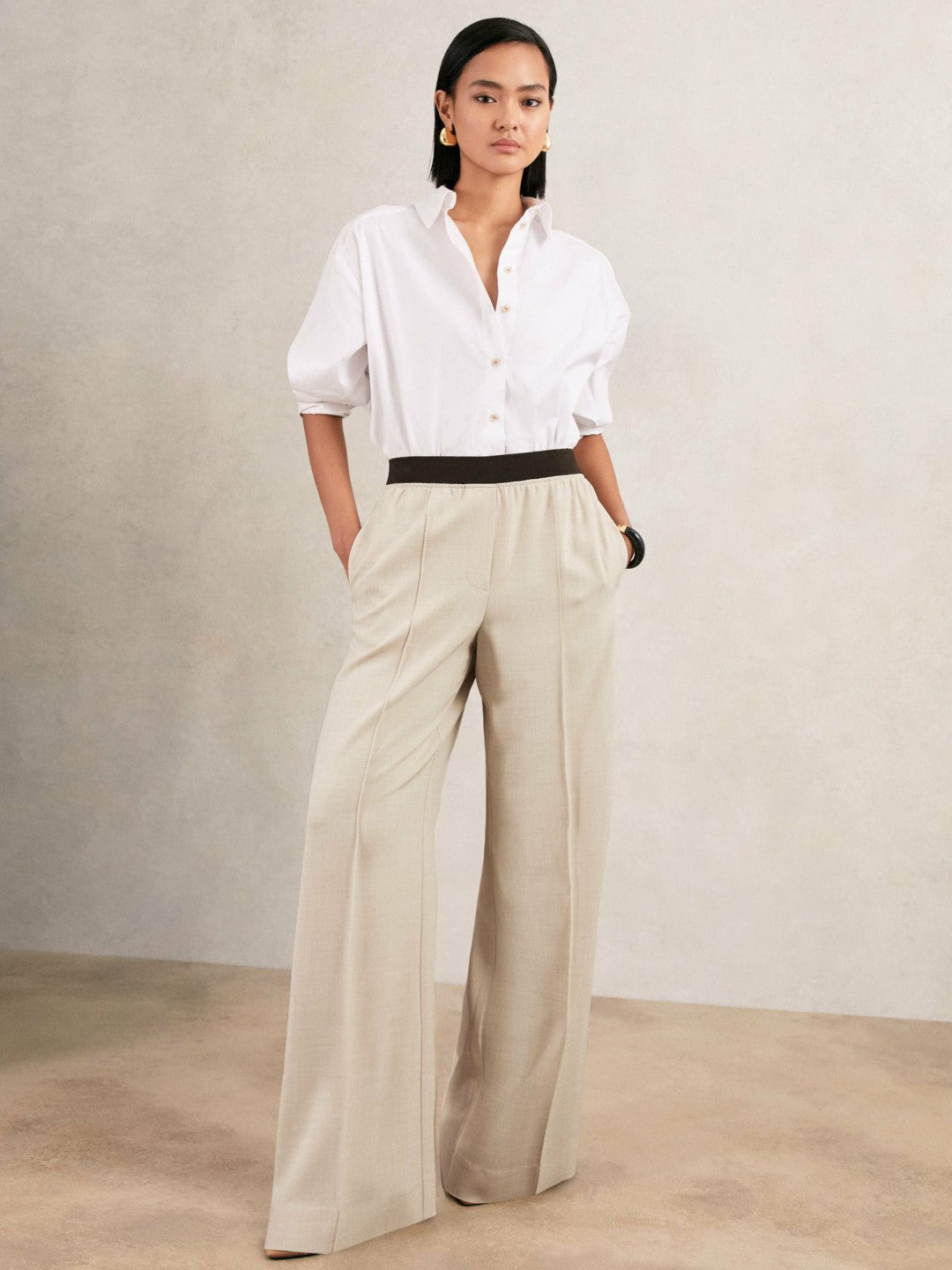 Reiss | Wide-Leg Elasticated-Waist Trousers in Neutral
