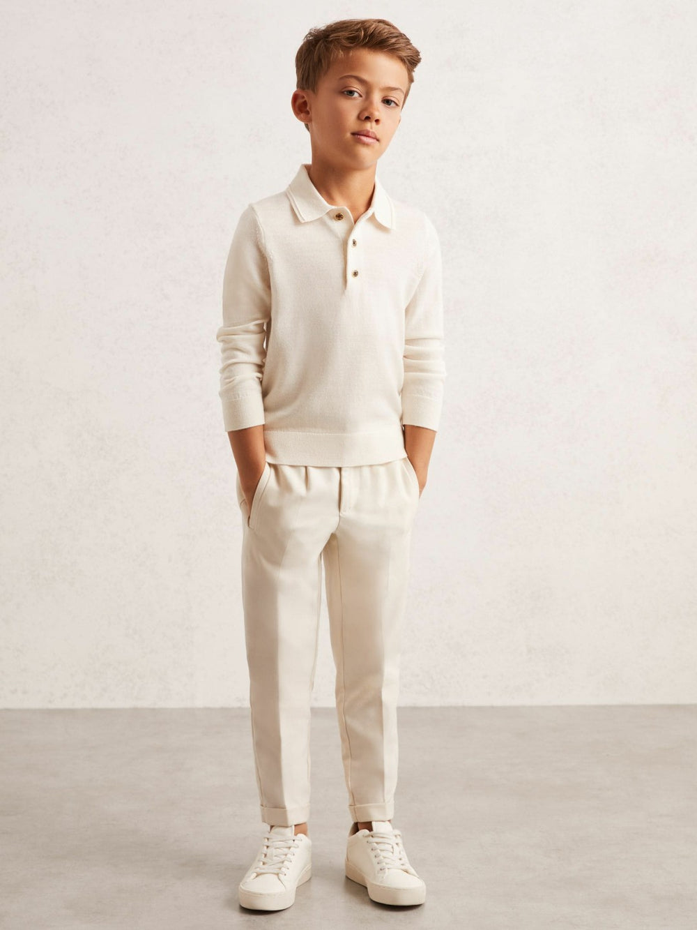 Reiss | 9-13 yrs Merino Wool Long-Sleeve Polo Shirt in Snow
