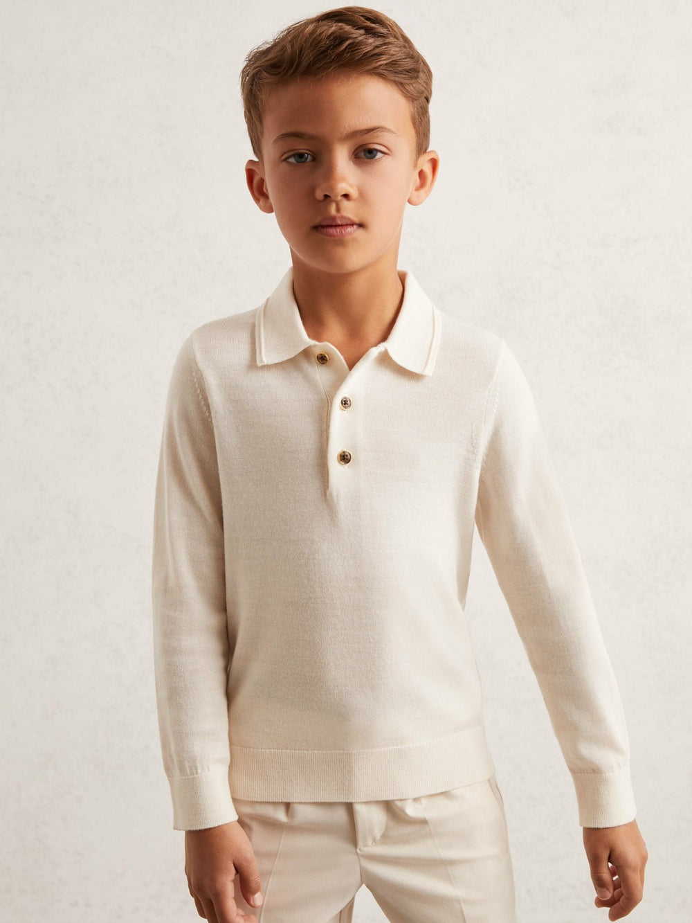 Reiss | 4-9 yrs Merino Wool Long-Sleeve Polo Shirt in Snow