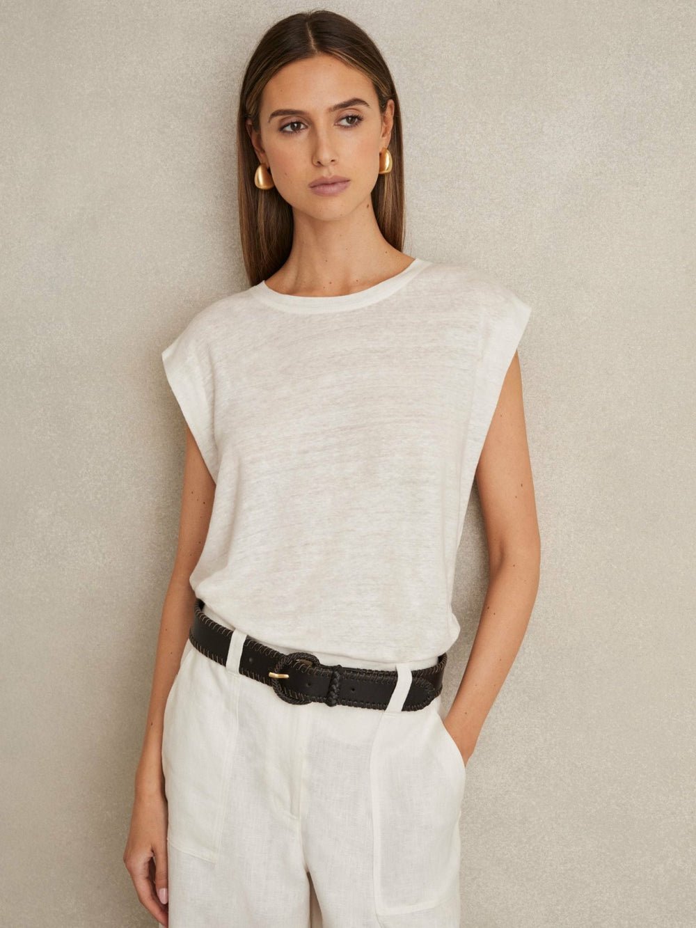 Reiss | Linen Cap-Sleeve T-Shirt in White