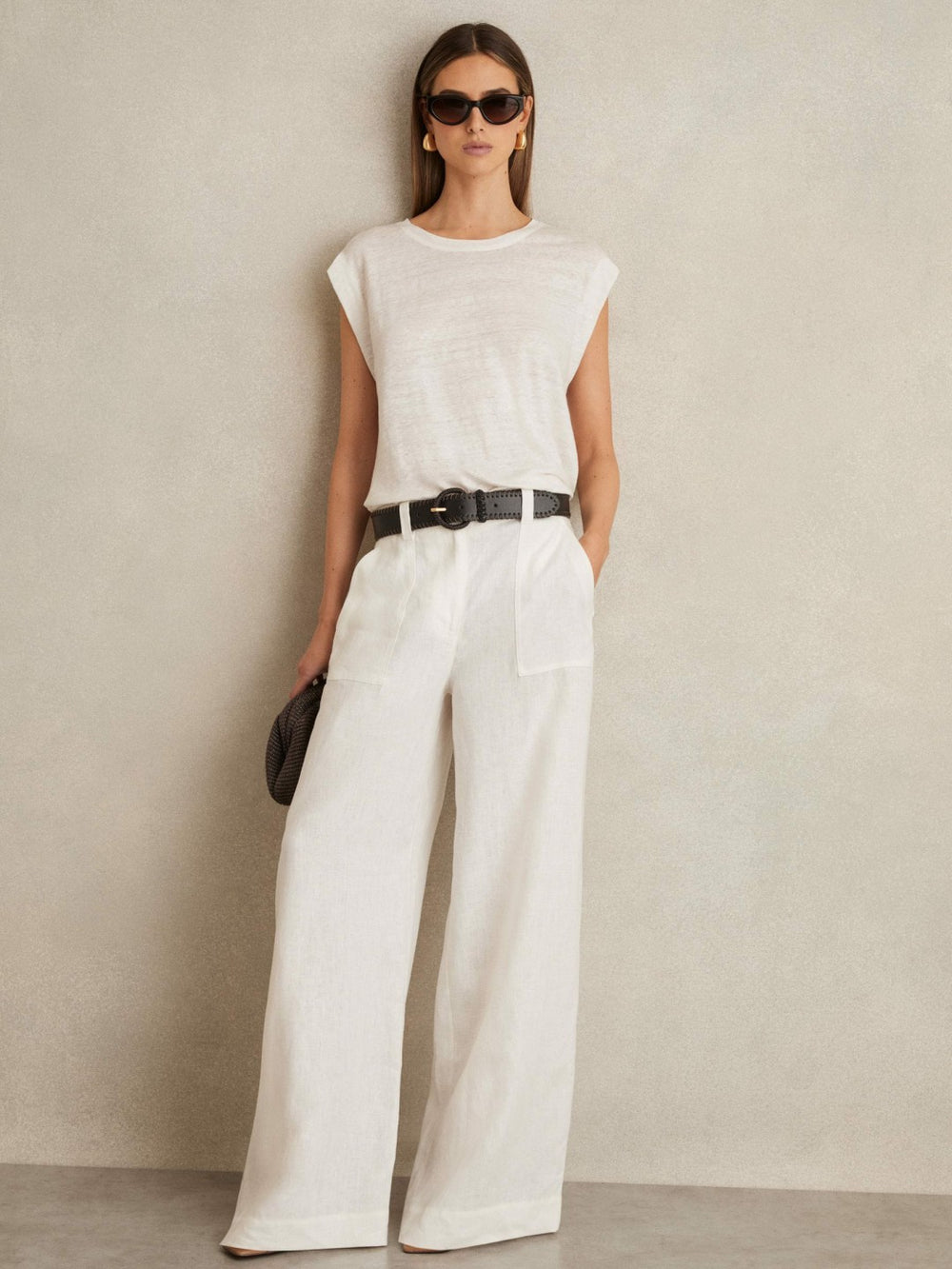 Reiss | Linen Cap-Sleeve T-Shirt in White