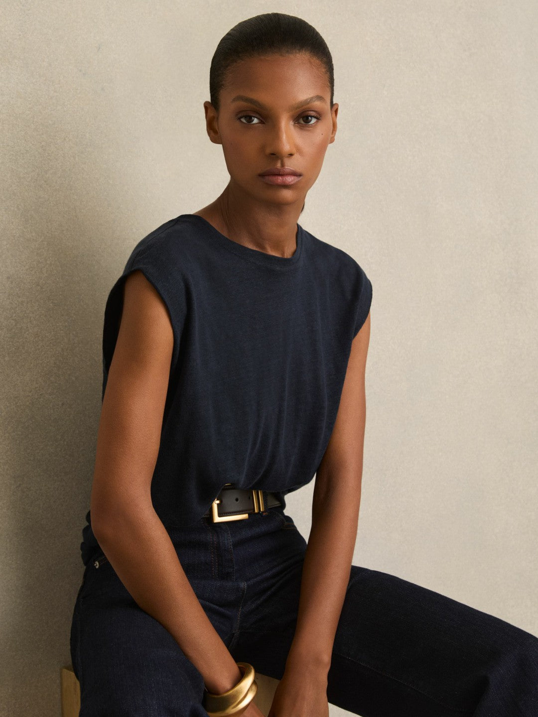 Reiss | Linen Cap-Sleeve T-Shirt in Navy