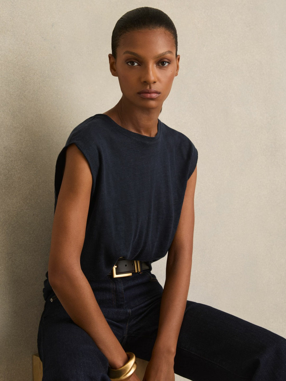 Reiss | Linen Cap-Sleeve T-Shirt in Navy