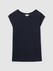 Reiss | Linen Cap-Sleeve T-Shirt in Navy