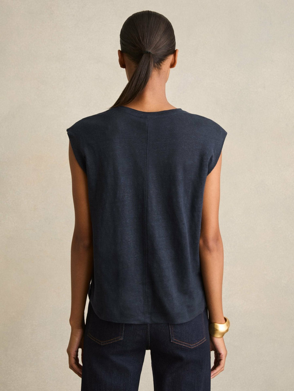 Reiss | Linen Cap-Sleeve T-Shirt in Navy