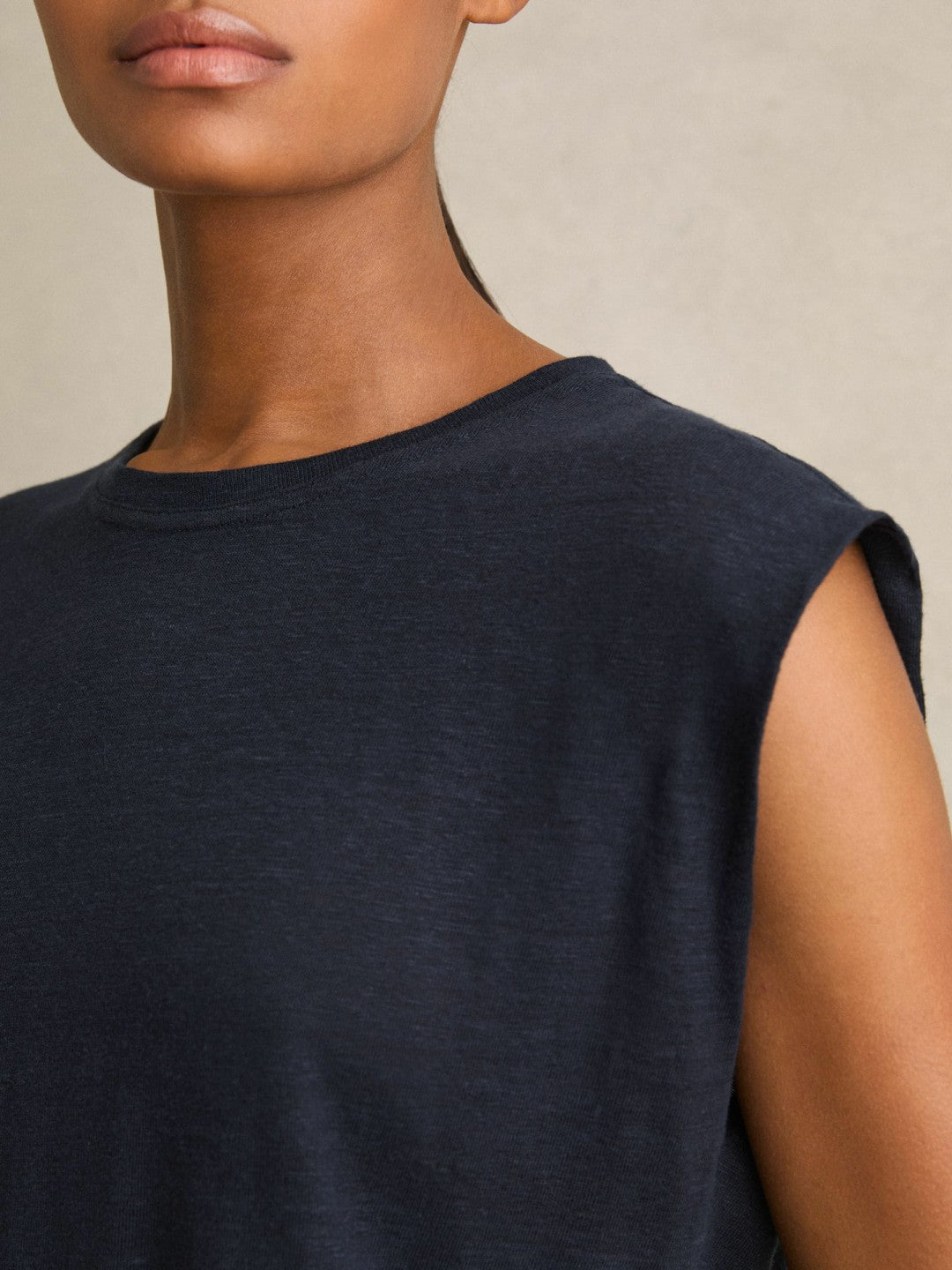 Reiss | Linen Cap-Sleeve T-Shirt in Navy