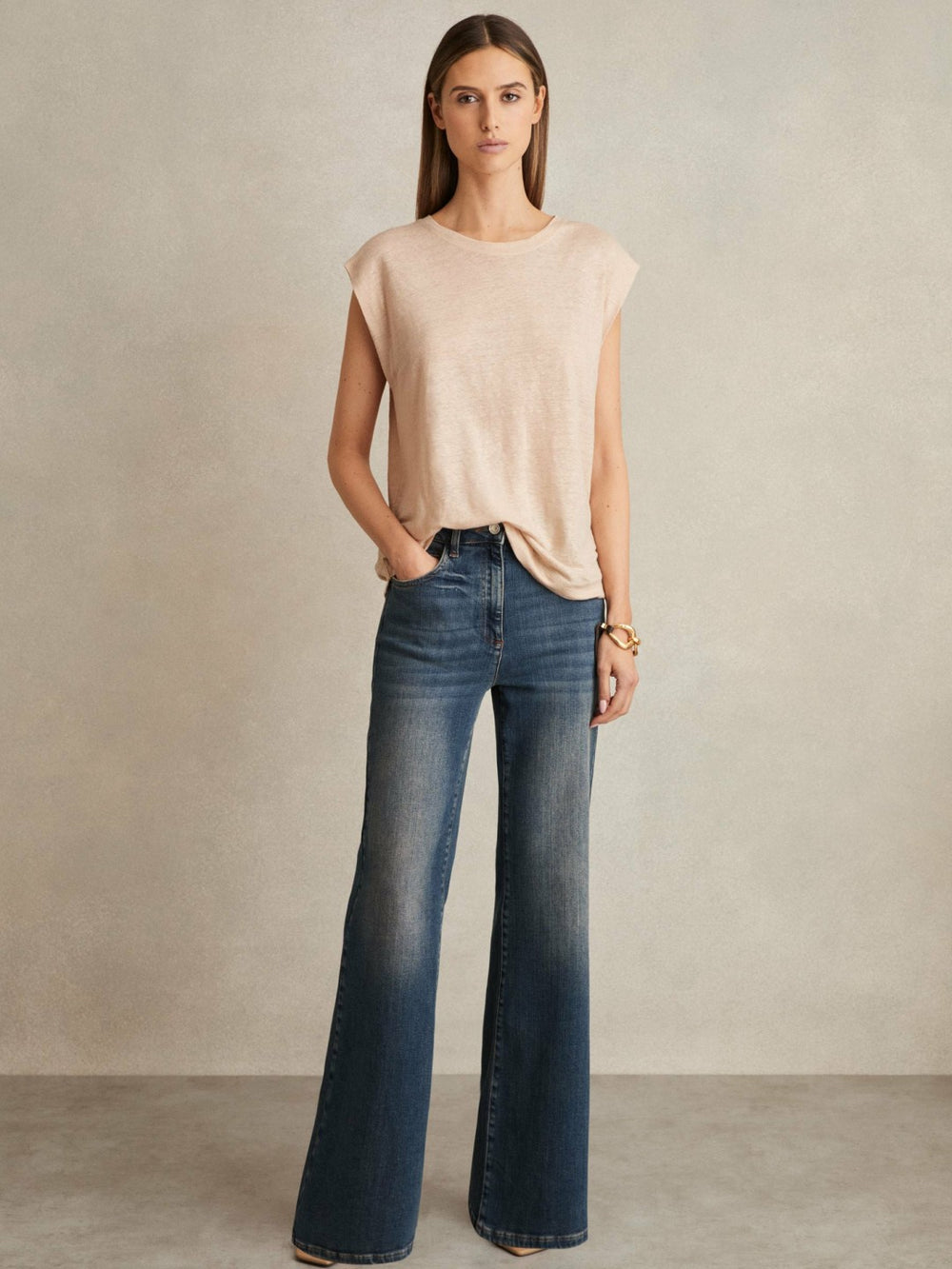 Reiss | Linen Cap-Sleeve T-Shirt in Peach