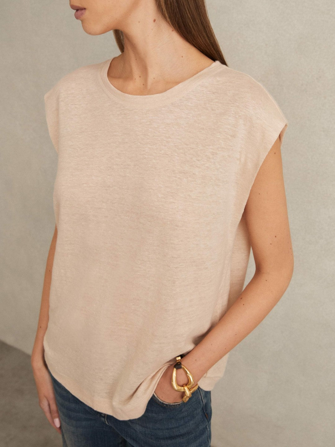 Reiss | Linen Cap-Sleeve T-Shirt in Peach