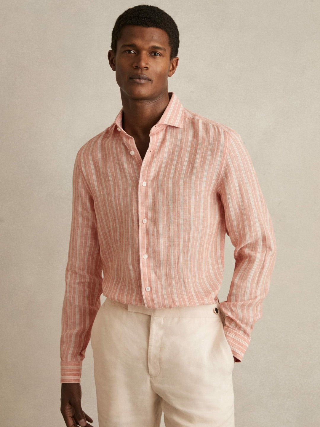 Reiss | Linen Striped Long Sleeve Shirt in Pink Rose/White Bengal Stripe