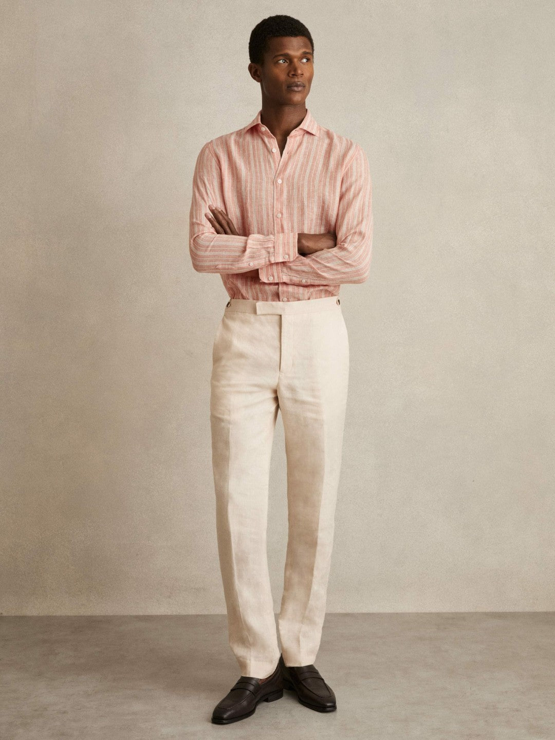 Reiss | Linen Striped Long Sleeve Shirt in Pink Rose/White Bengal Stripe