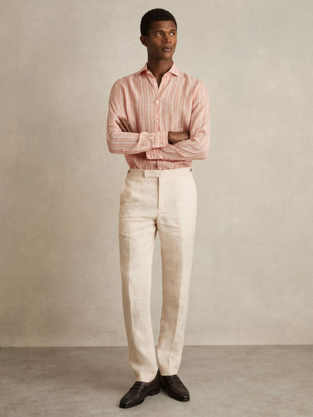 Reiss | Linen Striped Long Sleeve Shirt in Pink Rose/White Bengal Stripe