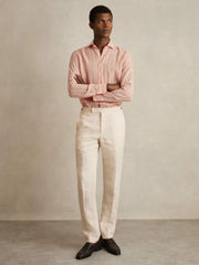 Reiss | Linen Striped Long Sleeve Shirt in Pink Rose/White Bengal Stripe