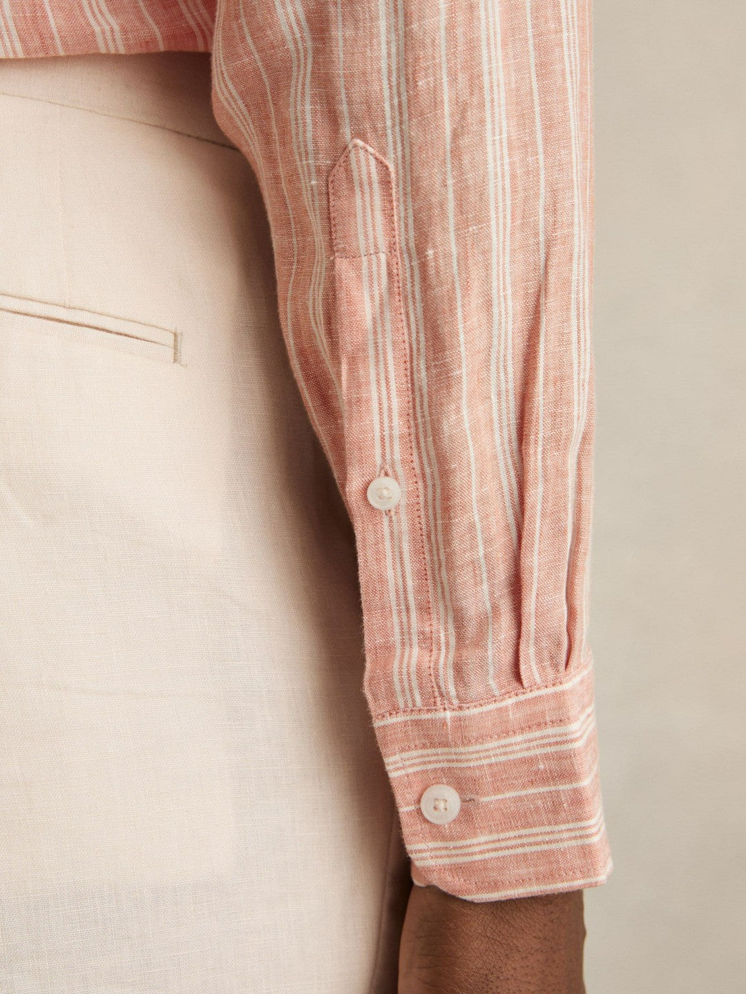 Reiss | Linen Striped Long Sleeve Shirt in Pink Rose/White Bengal Stripe