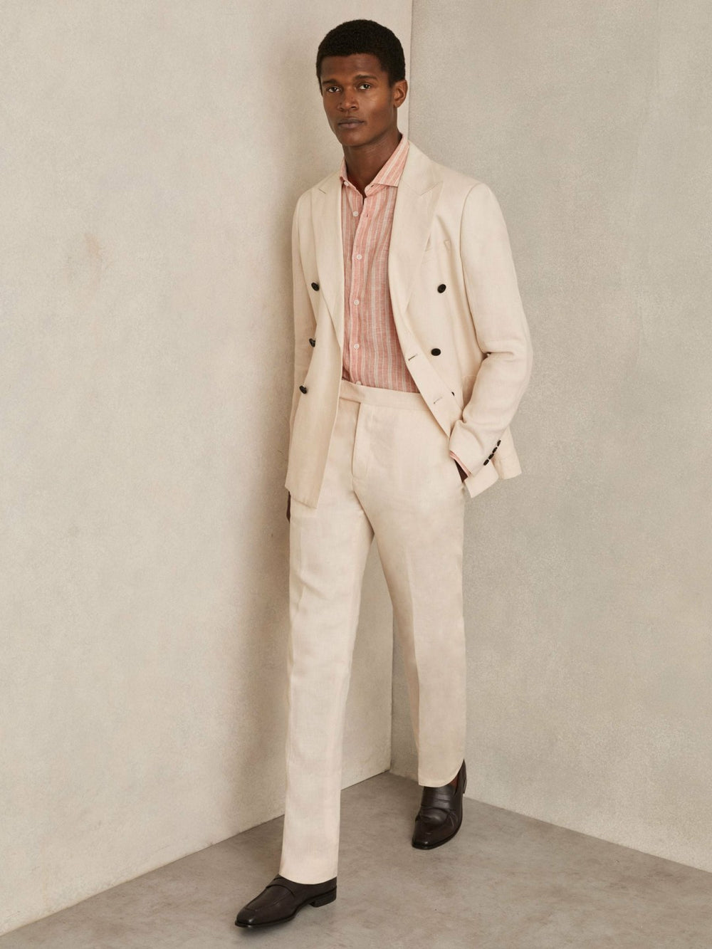 Reiss | Linen Striped Long Sleeve Shirt in Pink Rose/White Bengal Stripe