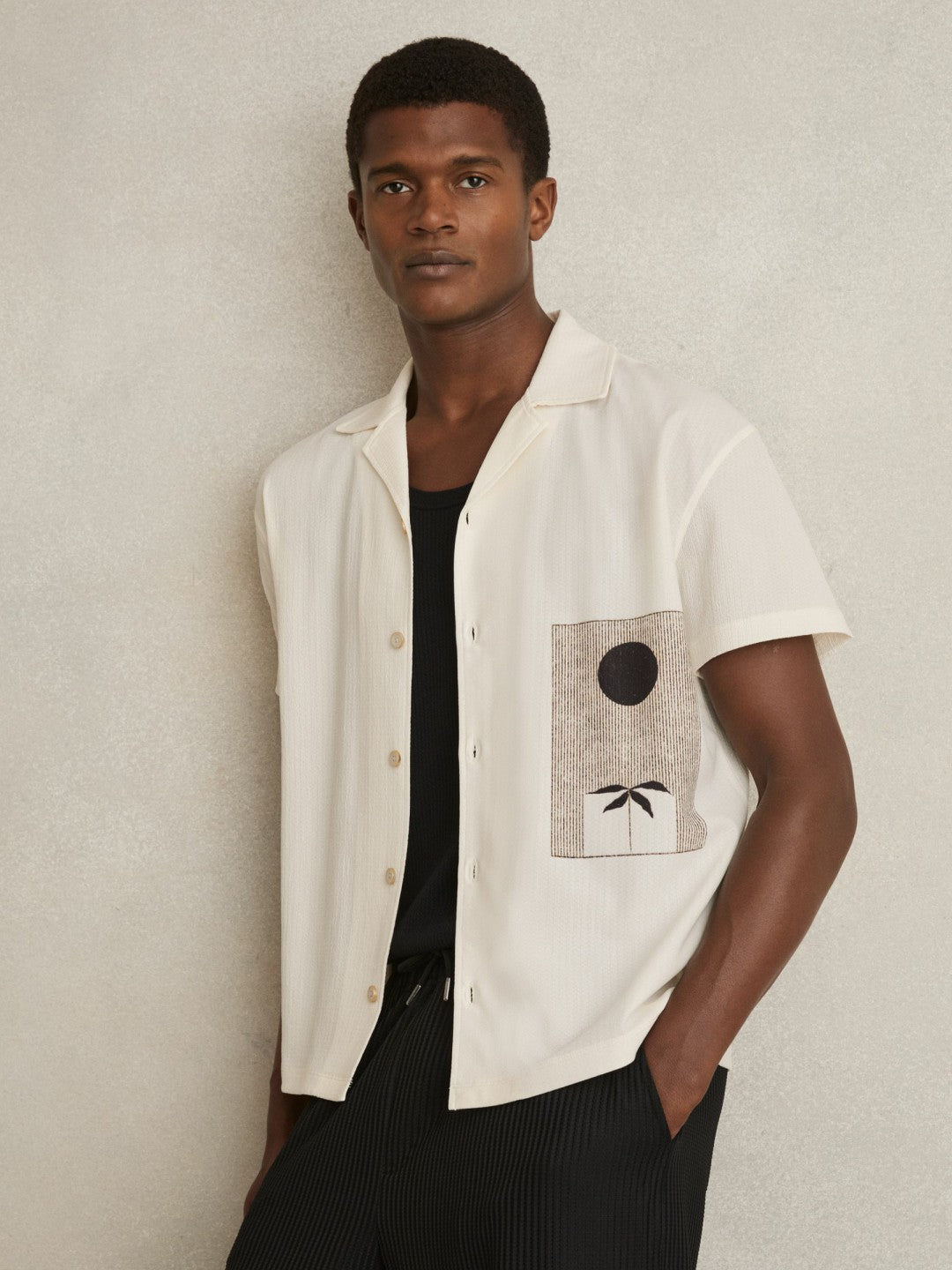 Reiss | Graphic Print Cuban-Collar Shirt in White