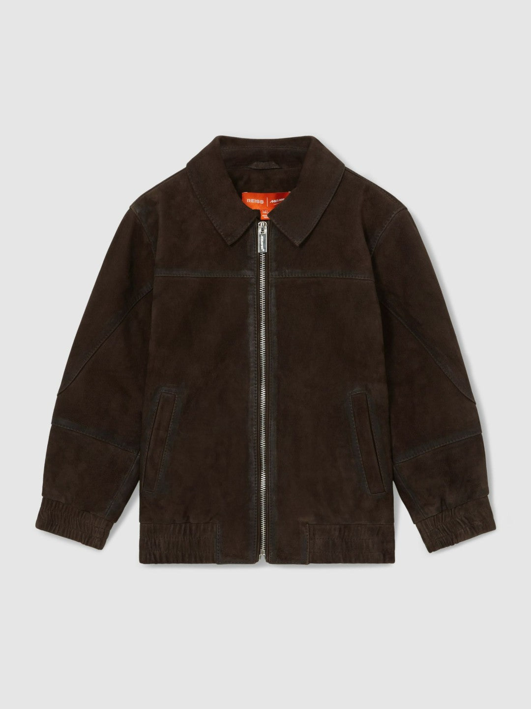 Reiss | 13-14 yrs Unisex Fit McLaren F1 Team Suede Bomber Jacket in Distressed Brown
