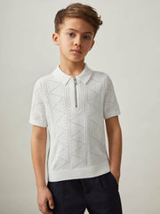 Reiss | 9-13 yrs Half-Zip Pointelle Polo Shirt in Off White
