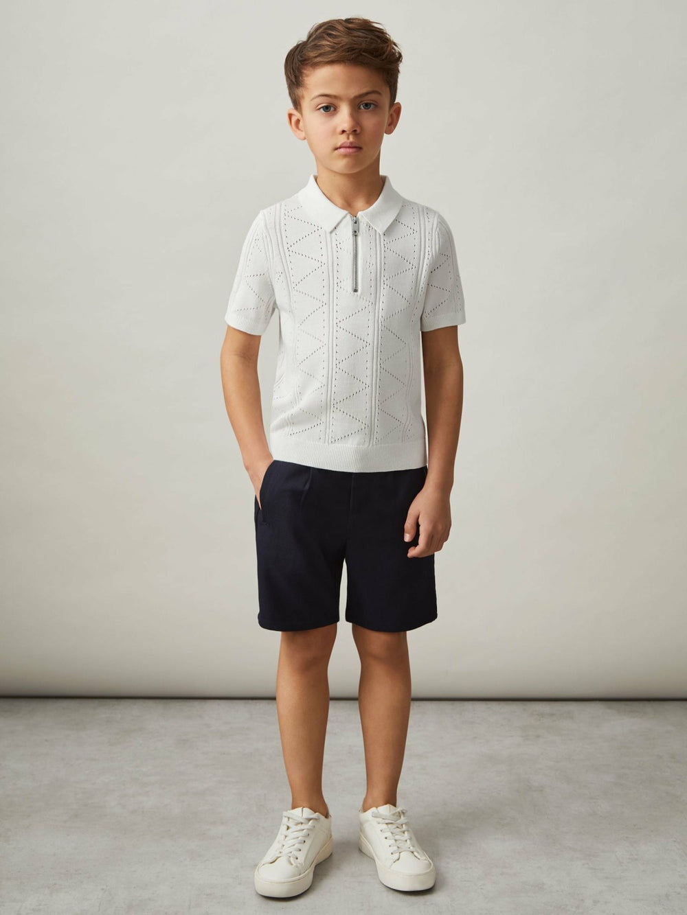 Reiss | 3-9 yrs Half-Zip Pointelle Polo Shirt in Off White