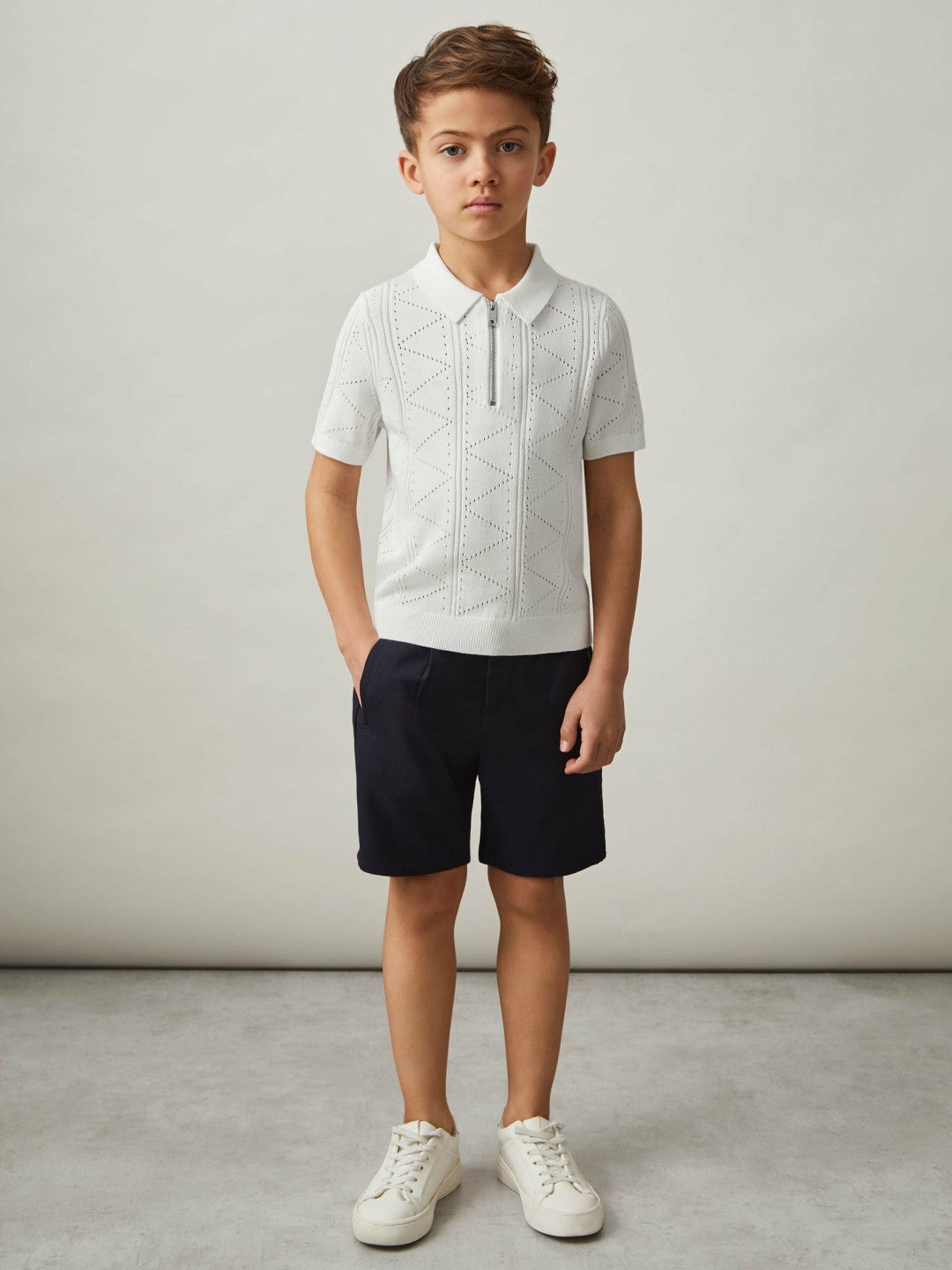 Reiss | 3-9 yrs Half-Zip Pointelle Polo Shirt in Off White