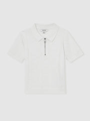 Reiss | 3-9 yrs Half-Zip Pointelle Polo Shirt in Off White