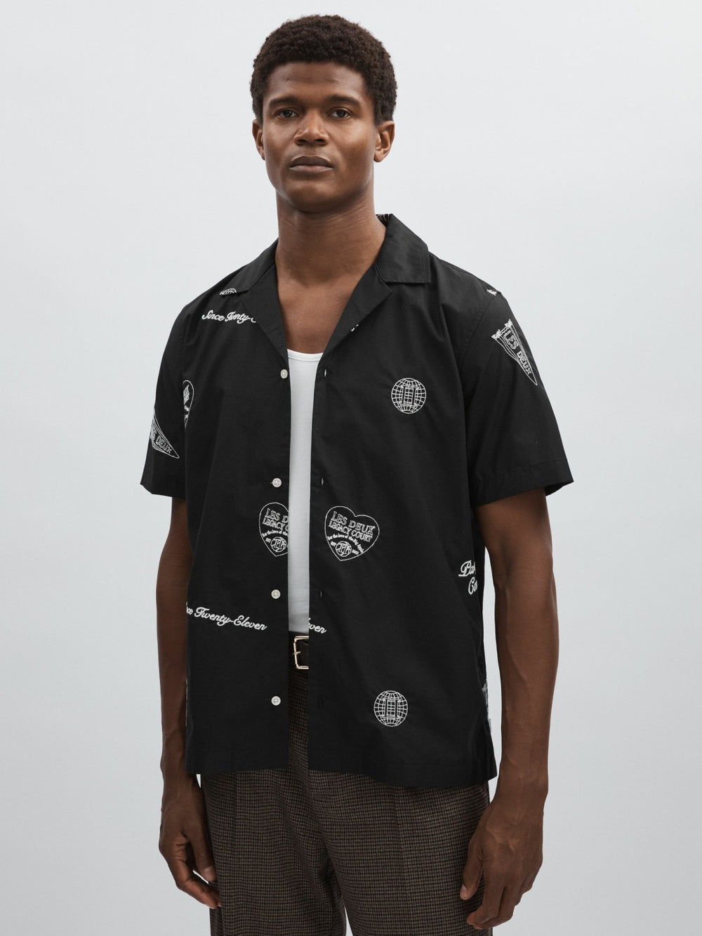 Reiss | Les Deux Cotton Embroidered Shirt in Black Print