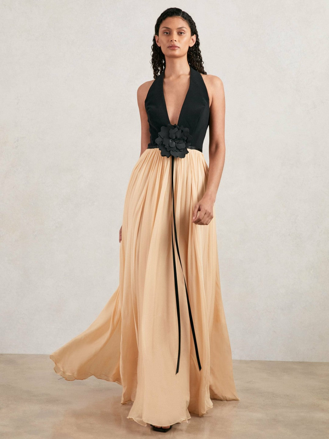 Reiss | Halston Crepe and Chiffon Maxi Dress in Black/Ivory