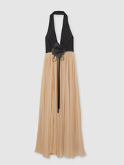 Reiss | Halston Crepe and Chiffon Maxi Dress in Black/Ivory
