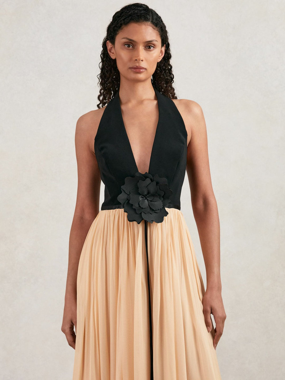 Reiss | Halston Crepe and Chiffon Maxi Dress in Black/Ivory