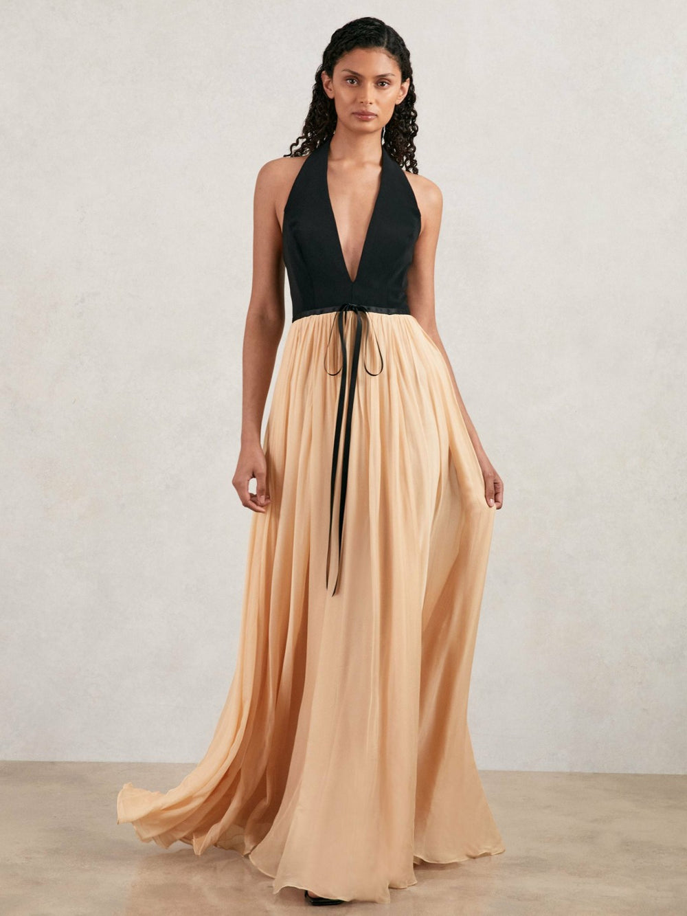Reiss | Halston Crepe and Chiffon Maxi Dress in Black/Ivory
