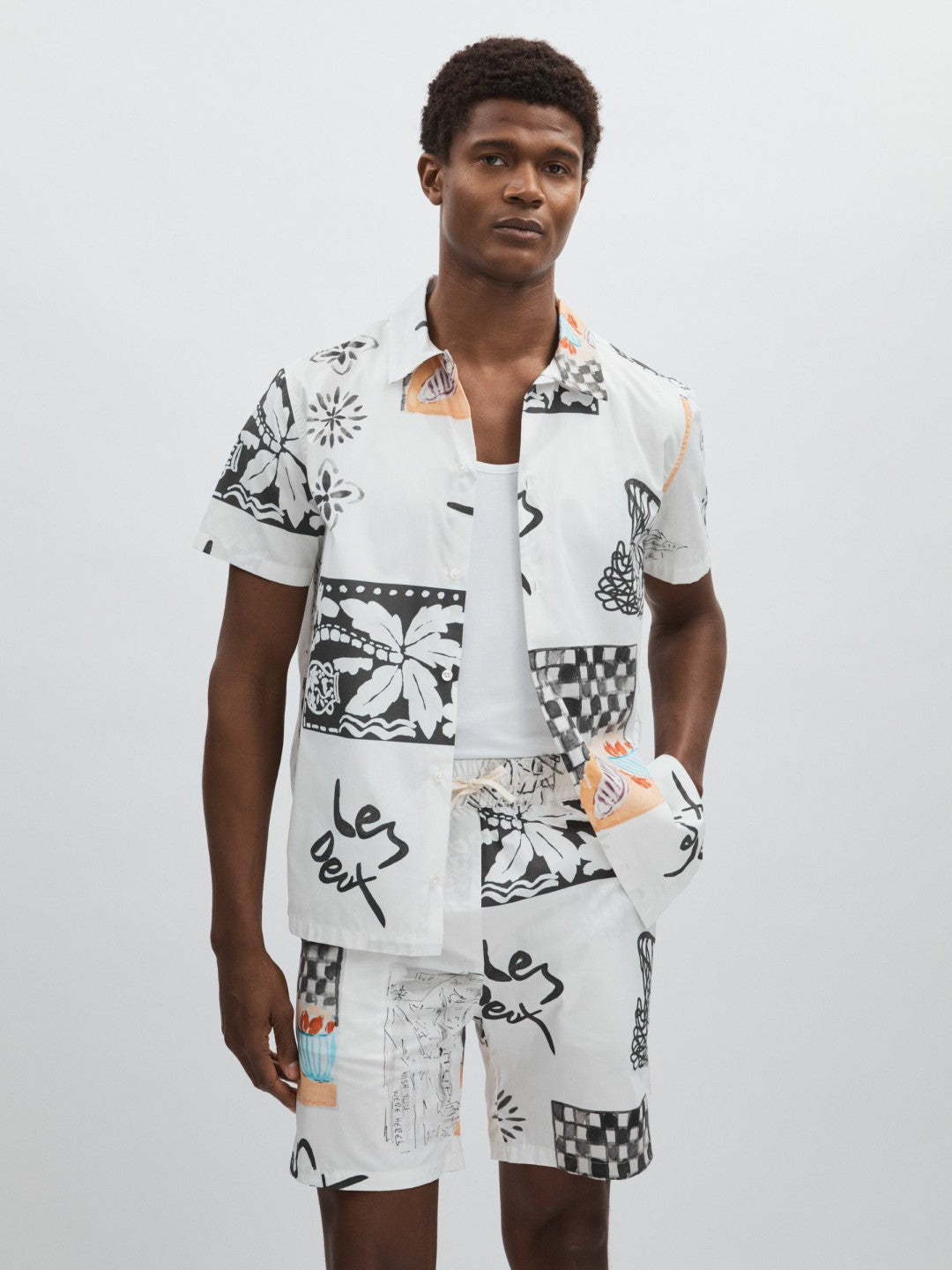 Reiss | Les Deux Cotton Graphic-Print Shirt in Ivory Print