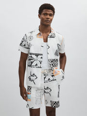 Reiss | Les Deux Cotton Graphic-Print Shirt in Ivory Print