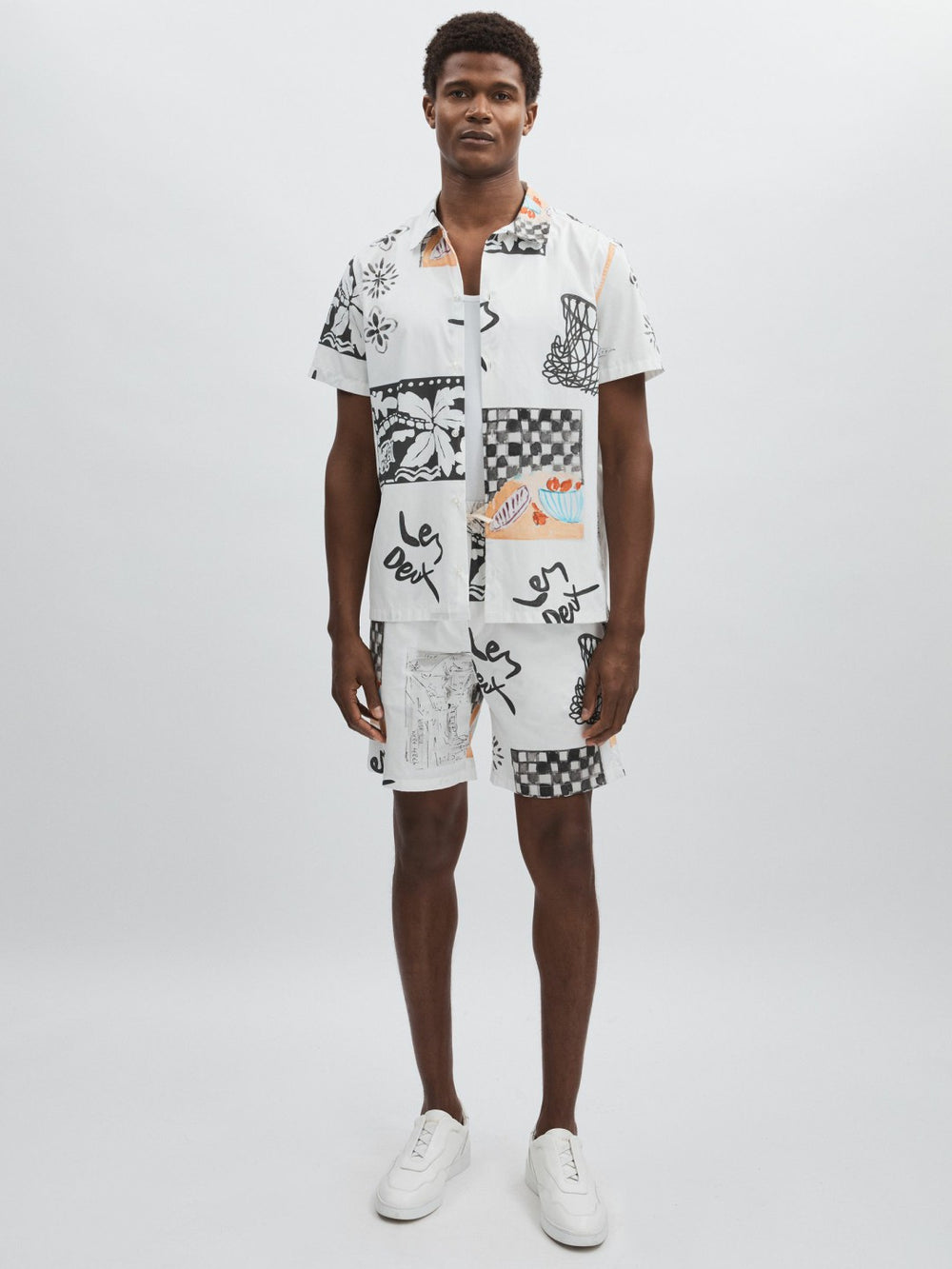 Reiss | Les Deux Cotton Graphic-Print Shirt in Ivory Print